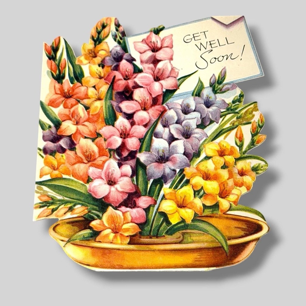 Forget Me Not Get Well Soon Floral Flower 1950s Vintage Greeting Card HBX